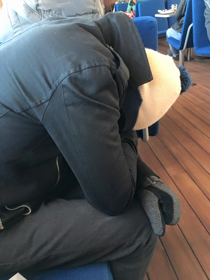 Sover Travel - A person wearing a black coat and a panda hat is sitting on a blue seat with their head resting on their arm on a wooden floor. The persons face is not visible. Other people are seated in the background.