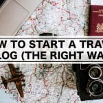 Sover Travel - Map with roads and cities under a laptop, vintage camera, and passport. Text overlay reads HOW TO START A TRAVEL BLOG (BEGINNERS GUIDE).