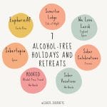 Sover Travel - A graphic titled 7 Exciting Alcohol-Free Holidays and Retreats showcases seven circular logos with names and locations: EuphoricAF (Costa Rica), Sobertopia (Spain), HOOKED (Worldwide), Somerton Lodge (Isle of Wight, UK), We Love Lucid (England, Spain), Sober Celebrations (Cruises), and Sober Vacations (Worldwide).