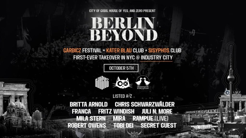 **Alt Text:** Promotional poster for the Berlin Beyond event featuring artists and details. **Caption:** Experience the vibrant energy of Berlin's nightlife at the Berlin Beyond event in NYC, celebrating music and community. **Image Description:** A promotional graphic for the Berlin Beyond event, showcasing artists and event details.