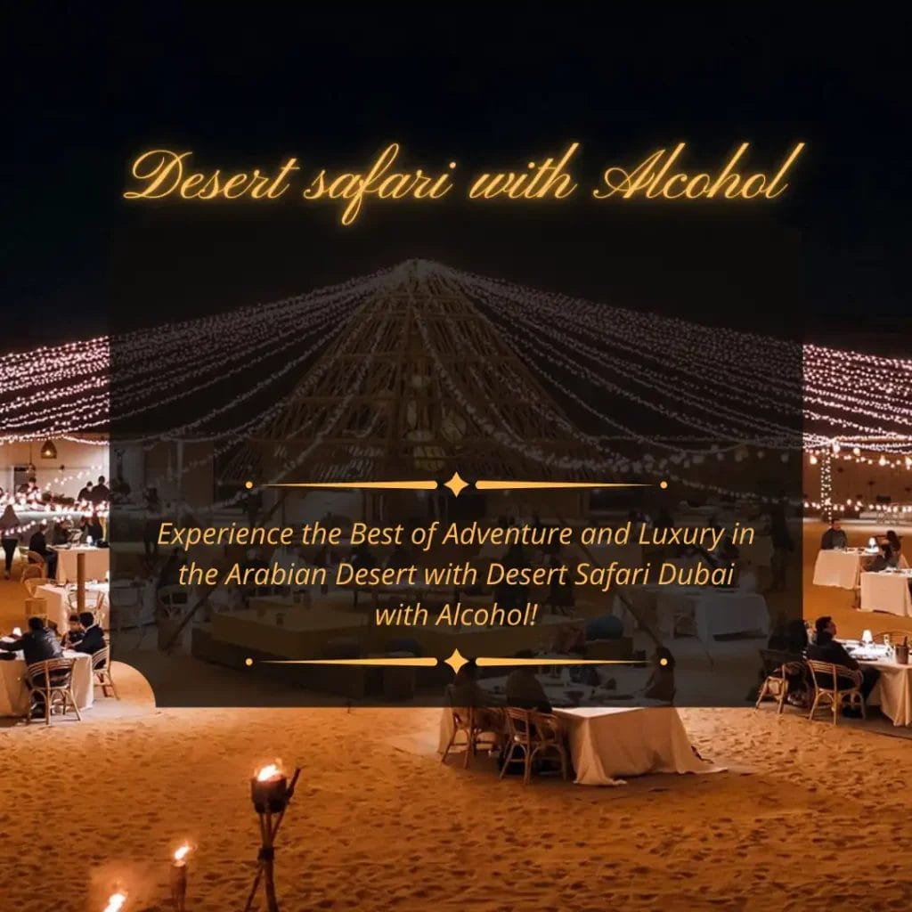 **Alt Text:** Elegant desert safari dining setup under twinkling lights. **Caption:** Indulge in a luxurious desert safari experience, complete with fine dining and stunning views. **Image Description:** A beautifully arranged dining area in the Arabian desert, illuminated by soft lights.