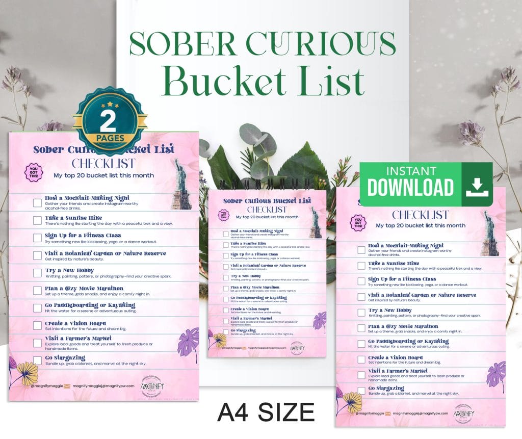 Sover Travel - Three A4 pages titled Sober Curious Bucket List showcase an adventurous twist to living alcohol-free. The first page sports a 2 Pages badge, the second offers Instant Download, and the third is a checklist. Purple and pink flowers with greenery enhance the vibrant background.