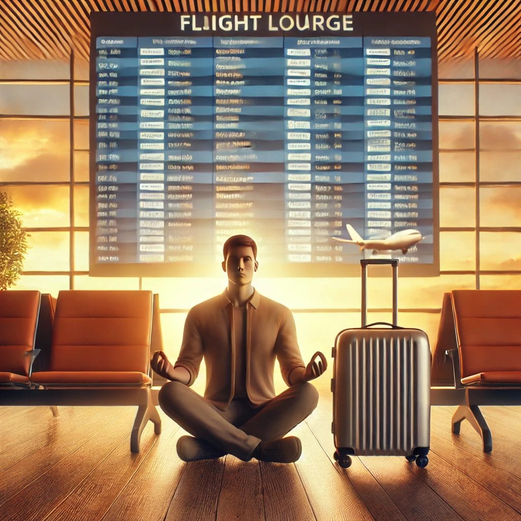 Sover Travel - A person in business attire meditates in a modern airport lounge, seated cross-legged on the wooden floor to alleviate travel anxiety. They are near orange chairs and a metal suitcase, with a large flight board displaying departures in the background—embracing practical strategies for a stress-free journey.