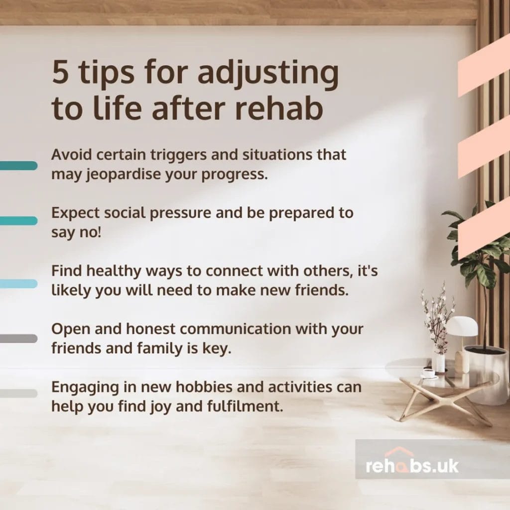 Sover Travel - Minimalist room with wooden floor, plant, and wall decor. Text: 5 tips for adjusting to life after rehab: Avoid triggers, expect social pressure, connect healthily, communicate openly, and embrace new hobbies for a successful recovery journey. rehabs.uk logo at bottom right.